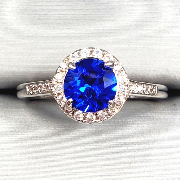 Blue Sapphire Simulant & Diamond Simulants Rhodium Plated Silver Tone Halo Ring - Picture 1 of 7